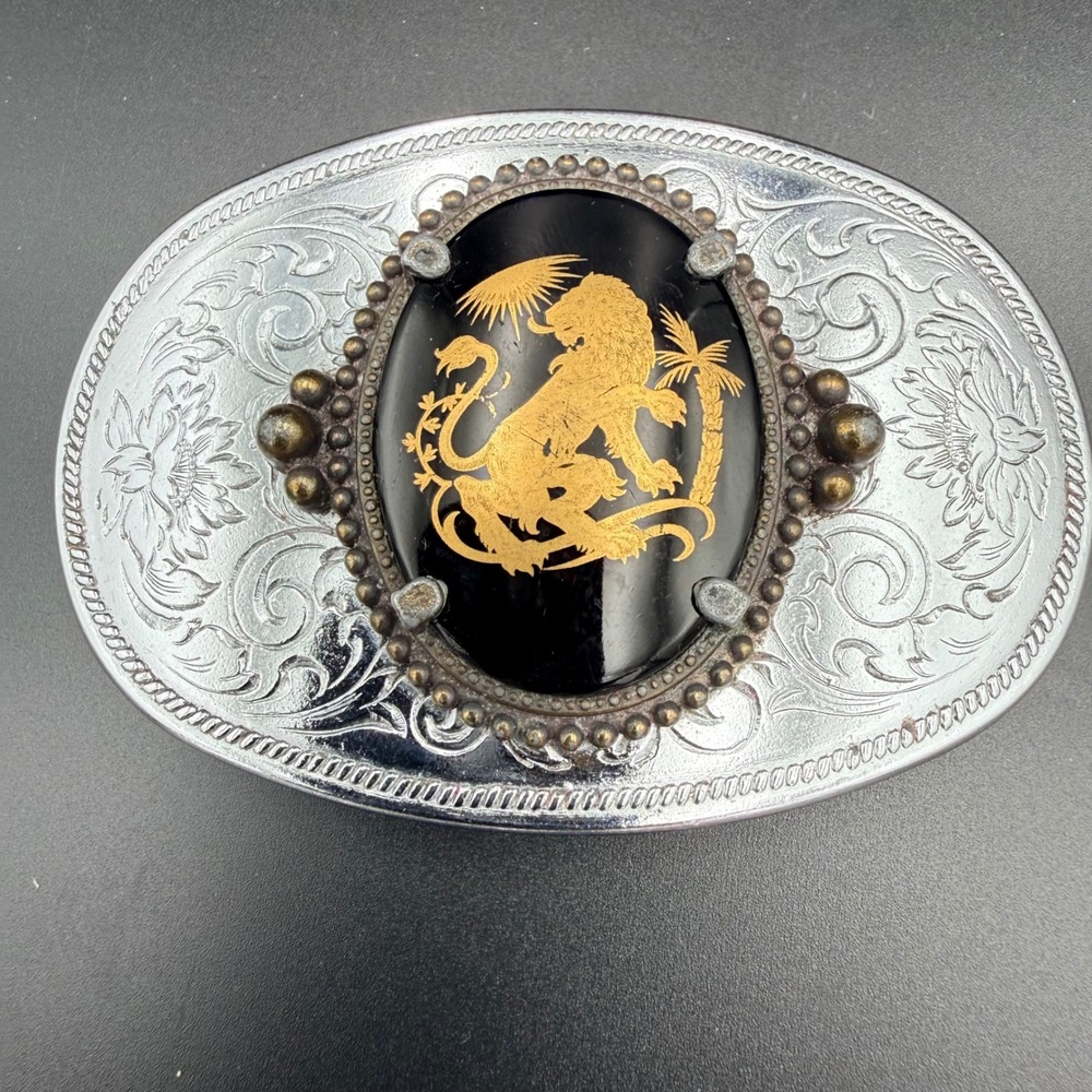 Vintage Lion Palm Tree Belt Buckle Silver Black Gold Oval Engraved Western Boho